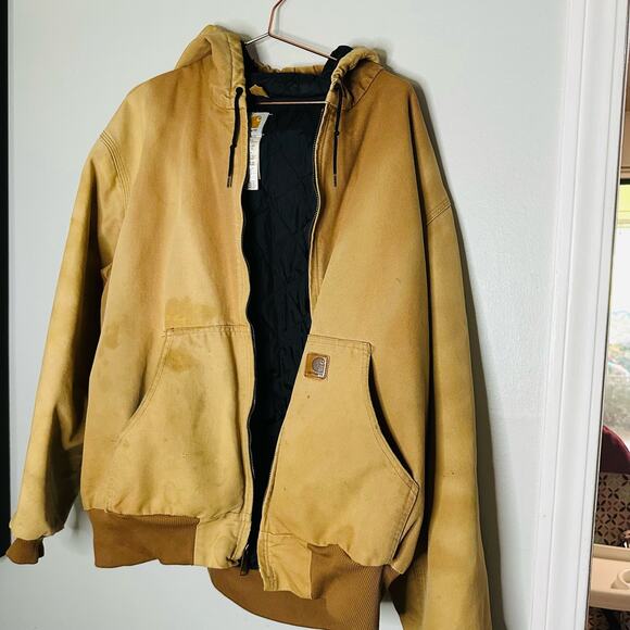 CARHARTT Brown Canvas Hooded Black Quilted Lining Bomber Work Jacket Size XL - Picture 9 of 11